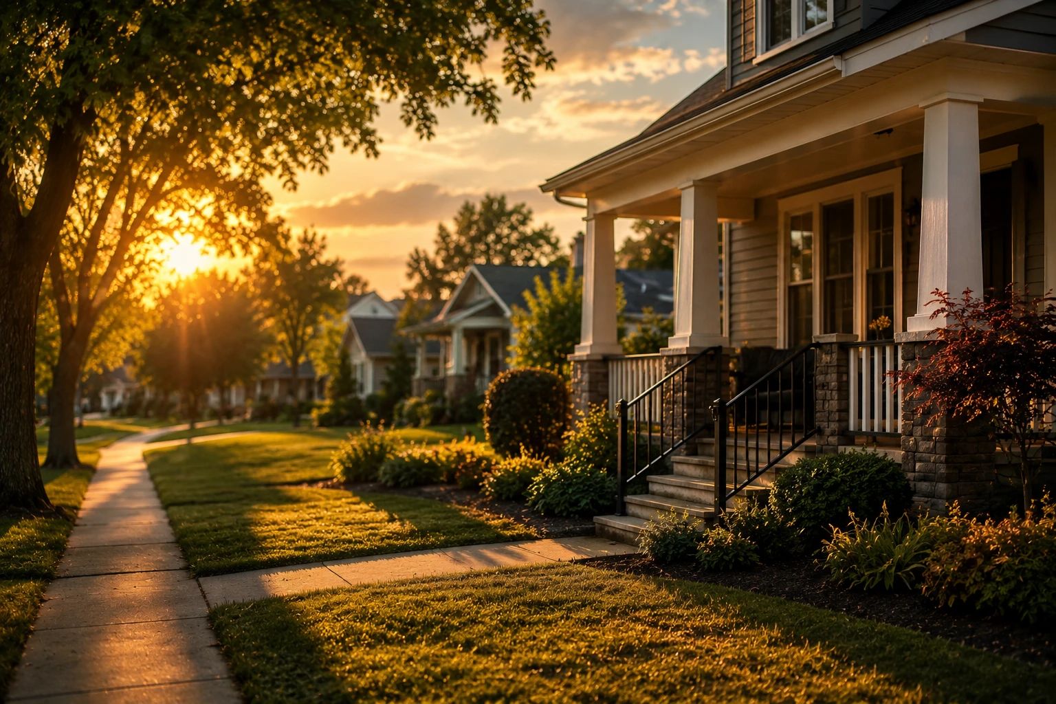 A quiet neighborhood at golden hour, with a craftsman front porch in warm evening light